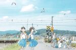  2girls 5boys :d ankle_socks arai_youjirou arm_up backpack bag bicycle bird blue_skirt blue_sky closed_mouth cloud crossbuck day eye_contact falling_leaves feet_out_of_frame food glasses hand_up holding holding_strap indian_style leaf looking_at_another looking_back looking_to_the_side low_twintails medium_skirt mouth_hold multiple_boys multiple_girls on_ground open_mouth original people photo_background plastic_bag popsicle power_lines railing railroad_crossing railroad_signal railroad_tracks road road_sign round_eyewear school_bag school_uniform seagull shading_eyes shirt short_hair short_sleeves shoulder_bag sign sitting skirt sky smile socks standing street sunlight turning_head twintails utility_pole walking watermelon_bar white_shirt white_socks wide_shot wind wing_collar 