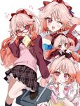  1girl :d ;d absurdres arknights black_skirt blush bow bread bread_slice earrings flying_sweatdrops food frilled_skirt frills glasses gloves haruka_(arknights) hat heart highres jacket jewelry lace-trimmed_gloves lace_trim lapels long_hair long_sleeves manic_rabbits mole mole_on_cheek mole_under_eye multicolored_hair multiple_moles multiple_views one_eye_closed open_clothes open_jacket open_mouth orange_hair parted_lips pink_bow pink_hair pink_shirt plaid_clothes plaid_skirt pleated_skirt pointy_ears red-framed_eyewear red_bow red_eyes red_gloves red_hat red_jacket shirt simple_background skirt smile two-tone_hair unmoving_pattern white_background white_gloves 