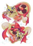  blue_eyes blush camera closed_eyes commentary_request drone_rotom electric_fan floating grin highres kokemushi_(kuru_fox) no_humans open_mouth orange_eyes pokemon pokemon_(creature) pokemon_focus red_ribbon ribbon rotom rotom_(fan) smile white_background 