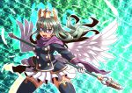  1girl black_shirt black_thighhighs blue_eyes commentary_request feathered_wings feathers gloves gold_trim green_hair hair_between_eyes headdress highres holding holding_polearm holding_weapon long_hair low_wings magonzuhamiti open_mouth percival_dindrane polearm purple_scarf scarf shinrabanshou shirt skirt solo teeth thighhighs upper_teeth_only weapon white_feathers white_gloves white_skirt white_wings wings 