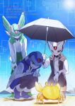  3boys alternate_costume arm_on_own_leg beach black_helmet black_jacket blue_helmet blue_jacket blue_sky closed_mouth commentary crab day dot_nose double_w eye_mask forehead_jewel green_helmet green_jacket group_picture hands_on_own_knees helmet hidden_phantom_(mega_man) highres holding holding_umbrella hood hood_down jacket leaning_forward male_focus mask mega_man_(series) mega_man_zero_(series) multiple_boys on_one_knee open_mouth outdoors sage_harpuia_(mega_man) sky squatting sun umbrella w watermark x_(mega_man) yamanashi_taiki 