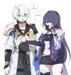  1boy 1girl absurdres acheron_(honkai:_star_rail) antenna_hair bare_shoulders black_choker black_shorts blue_eyes bra chabb_nb choker coat commentary couple eating food food_in_mouth fruit grey_hair hair_between_eyes hair_ornament hair_over_one_eye hand_up happy hetero highres holding holding_food holding_fruit honkai:_star_rail honkai_(series) japanese_clothes korean_text leg_tattoo long_hair long_sleeves multicolored_hair open_mouth pants peach phainon_(honkai:_star_rail) pointing pointing_at_self purple_eyes purple_hair shade short_shorts shorts smile speech_bubble standing stomach streaked_hair sun_symbol sun_tattoo tattoo translation_request underwear upper_body wavy_hair white_background wide_sleeves 