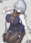  1girl :| atelier_(series) atelier_ryza atelier_ryza_1 bandaid bandaid_on_knee bandaid_on_leg black_nails blue_eyes blush breasts claws closed_mouth commentary_request crossed_bangs dated fingernails grey_hair hair_between_eyes hair_ornament hairclip heterochromia jewelry large_breasts lila_decyrus long_hair looking_at_viewer low_twintails necklace pale_skin red_eyes sappitsu sharp_fingernails solo split_mouth star_(symbol) star_necklace twintails very_long_hair white_fur white_hair 