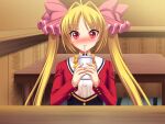  1girl blonde_hair blush bow closed_mouth cup disposable_cup drink drinking drinking_straw drinking_straw_in_mouth embarrassed game_asset hair_intakes hair_ribbon holding holding_cup indoors kamei long_hair looking_down mouth_hold non-web_source nose_blush official_art red_eyes ribbon sakurai_asahi_(seisenki_valkyrie_sisters) school_uniform seisenki_valkyrie_sisters self-datamine solo sweat table twintails upper_body variant_set visual_novel_cg wide-eyed 
