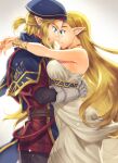  1boy 1girl arms_around_another's_waist arms_around_neck bare_shoulders beret blonde_hair blue_eyes breasts couple cowboy_shot dress earrings green_eyes hat highres hug jewelry large_breasts link long_hair michingeaa pointy_ears ponytail princess_zelda royal_guard_set_(zelda) smile the_legend_of_zelda the_legend_of_zelda:_breath_of_the_wild the_legend_of_zelda:_tears_of_the_kingdom white_dress 