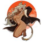  1girl absurdres animal_ear_fluff animal_ears arm_behind_head arm_up armpits barefoot breasts cat_ears cat_girl cat_tail claws coat collarbone commentary dark-skinned_female dark_skin eyepatch from_side full_body fur_trim ghislaine_dedoldia grey_hair highres large_breasts long_hair looking_at_viewer messy_hair mushoku_tensei nipples nude open_clothes open_coat red_eyes slit_pupils solo tail tail_ornament twitter_username unreal_fish white_background 