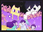  1girl 3boys ^_^ antenna_hair aqua_dress arm_behind_head arms_behind_head aubrey_(headspace)_(omori) aubrey_(omori) bare_arms big_yellow_cat_(omori) black_background black_border black_eyes black_hair border bow brothers checkered_clothes chromatic_aberration clock closed_eyes colored_skin covered_mouth dress facing_another giant giant_male grin hair_behind_ear hair_bow hero_(headspace)_(omori) hero_(omori) holding holding_stuffed_toy kel_(headspace)_(omori) kel_(omori) knees_up leaf long_hair long_sleeves looking_down mitsubachi_koucha mr._plantegg_(omori) multiple_boys no_pupils omori omori_(omori) pink_bow purple_hair short_hair short_sleeves siblings simple_background smile something_(omori) stairs striped_clothes stuffed_eggplant stuffed_toy tank_top twitter_username vertical-striped_clothes white_skin 