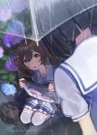  2girls absurdres animal_ears beautifulinsnow black_hair blue_eyes blush bob_cut bow bowtie breasts brown_eyes brown_hair closed_mouth commentary_request eishin_flash_(umamusume) flower hair_between_eyes hair_bow highres holding holding_notebook holding_umbrella horse_ears horse_girl horse_tail looking_at_another medium_hair multiple_girls multiple_hair_bows notebook outdoors parted_lips pink_bow pink_flower pleated_skirt puddle puffy_short_sleeves puffy_sleeves purple_bow purple_bowtie purple_shirt rain reflection reflective_liquid sailor_collar sailor_shirt school_uniform shirt short_hair short_sleeves sitting skirt smart_falcon_(umamusume) smile squatting summer_uniform swept_bangs tail thighhighs thighs tracen_school_uniform twintails umamusume umbrella wet wet_clothes white_sailor_collar white_skirt white_thighhighs yellow_bow 