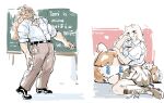  1boy 1girl 7oy7iger absurdres aged_down artist_name asgore_dreemurr beard blonde_hair blush chalkboard english_commentary facial_hair floppy_ears furry furry_female furry_male goat_horns highres horns looking_at_viewer round_eyewear school_uniform smile toriel utdr_(toby_fox) white_fur 