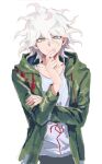  1boy black_pants closed_mouth commentary_request cowboy_shot crew_neck danganronpa_(series) danganronpa_2:_goodbye_despair double-parted_bangs drawstring green_eyes green_jacket hair_between_eyes hand_on_own_chin highres hood hood_down hooded_jacket jacket komaeda_nagito looking_at_viewer male_focus messy_hair motimonaka3 open_clothes open_jacket pants print_shirt shirt simple_background smile solo unfinished white_background white_hair white_shirt 