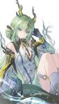  1girl absurdres arknights arknights:_endfield bare_shoulders black_gloves black_hair blue_eyes breasts cleavage closed_mouth colored_extremities dragon_horns dress eastern_dragon_horns feet_out_of_frame gloves green_hair hair_bun highres horns long_hair looking_at_viewer multicolored_hair pointy_ears si_(arknights) sitting smile socks solo streaked_hair tail thigh_strap very_low_bun white_dress yinhepongpong 