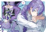  1boy alternate_costume black_ribbon blue_background blue_hair border bouquet braid commentary flower frilled_sleeves frills green_eyes grin hair_ribbon heart highres holding holding_bouquet hoshirube_sho interlocked_fingers jacket long_hair long_sleeves looking_at_viewer lying male_focus multicolored_hair multiple_views nagikiho necktie nijisanji on_back purple_flower purple_hair purple_jacket ribbon shirt simple_background smile spoken_heart streaked_hair untranslatable_commentary upside-down virtual_youtuber white_border white_flower white_necktie white_shirt 