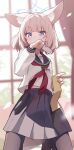  1girl absurdres animal_ear_fluff animal_ears backlighting black_pantyhose black_sailor_collar black_skirt blue_archive blue_eyes blue_halo blunt_bangs blurry blurry_background blush commentary_request day dual_wielding fox_ears fox_girl half_updo halo hand_up hands_up highres holding holding_paper indoors knees_out_of_frame long_sleeves looking_at_viewer medium_hair medium_skirt midriff_peek neckerchief niko_(blue_archive) no_shoes pantyhose paper pink_hair pleated_skirt red_neckerchief sailor_collar sailor_shirt school_uniform serafuku shirt skirt solo sweatdrop toki_kimagure white_shirt window 