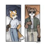  2boys animal_ear_fluff animal_ears artist_name bag bill_grey closed_mouth commentary_request dog_boy dog_ears facing_viewer floppy_ears fox_boy fox_ears fox_mccloud fox_tail furry furry_male green_shirt grey_shirt hand_in_pocket highres holding holding_bag holding_umbrella kannip_3 korean_commentary looking_at_another male_focus multiple_boys open_clothes open_shirt shirt smile star_fox sunglasses tail umbrella white_shirt 