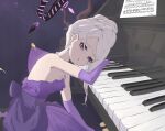  1girl backlighting bare_shoulders black_halo blue_archive blush breasts chinese_commentary cleavage commentary_request cowboy_shot d: demon_girl demon_horns demon_wings dress earrings elbow_gloves formal_clothes frilled_dress frills froggy_(froggy_163) gloves grand_piano grey_background halo hand_up highres hina_(blue_archive) hina_(dress)_(blue_archive) horns instrument jewelry leaning_forward long_dress long_hair looking_at_viewer low_wings necklace official_alternate_costume official_alternate_hairstyle open_mouth piano purple_dress purple_eyes purple_gloves reflection sheet_music simple_background sitting small_breasts solo strapless strapless_dress white_hair wings 