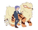  1boy alternate_costume alternate_hairstyle alternate_universe arcanine blue_eyes blue_hair blue_jacket blue_pants blue_suit brown_shoes clenched_hand closed_mouth coin commentary english_commentary eyelashes gold green_eyes highres jacket james_(pokemon) kiana_mai koban_(gold) long_sleeves male_focus meowth pants pokemon pokemon_(anime) pokemon_(classic_anime) pokemon_(creature) shirt shoes short_hair standing suit suit_jacket white_shirt 