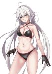  1girl bikini black_bikini black_choker black_gloves breasts choker cleavage cowboy_shot fate/grand_order fate_(series) gloves head_tilt jeanne_d&#039;arc_(alter_swimsuit_berserker) jeanne_d&#039;arc_(fate)_(all) long_hair looking_at_viewer medium_breasts navel o-ring o-ring_bikini o-ring_bottom o-ring_top ryuunonon simple_background solo standing swimsuit white_background white_hair 