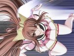  1girl 2000s_(style) :o ahoge breasts brown_eyes brown_hair cleavage downblouse from_above game_asset headphones holding holding_sword holding_weapon long_hair magical_girl mahou_senshi_(series) mahou_senshi_symphonic_knights medium_breasts motion_blur motion_lines non-web_source official_art open_mouth saitou_natsuki self-datamine solo speed_lines sword symphonic_lily thighhighs variant_set very_long_hair visual_novel_cg weapon yurise_ririna zettai_ryouiki 