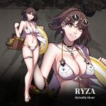  1girl absurdres alternate_breast_size_(larger) armpits atelier_(series) atelier_ryza atelier_ryza_1 bare_arms bare_legs bare_shoulders basket bikini black_bow black_choker bow breasts brown_eyes brown_hair choker cleavage collarbone commentary earrings english_commentary eyewear_on_head fire_emblem fire_emblem:_three_houses hands_up highres holding holding_basket jewelry key key_necklace kurahana_chinatsu_(style) large_breasts multiple_views navel necklace reisalin_stout sandals sideboob skindentation star_(symbol) star_earrings stomach sunglasses swimsuit thigh_bands white_bikini zer0z_vi 