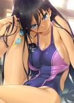  bare_arms bare_legs bare_shoulders black_hair blue_eyes breast_press breasts cleavage closed_mouth competition_swimsuit dark_skin goggles goggles_removed groin happoubi_jin head_tilt holding indoors knee_up large_breasts long_hair looking_at_viewer one-piece_swimsuit pink_lips purple_swimsuit shiny shiny_skin sideboob sitting skin_tight solo swimsuit toranoana very_long_hair 