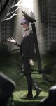 1boy absurdres bandaged_hand bandages bird black_jacket black_pants blazer brown_shoes city collared_shirt commentary crow from_side full_body grass green_eyes highres jacket kakaki_28 kenmochi_touya kenmochi_touya_(1st_costume) lapels long_sleeves male_focus necktie nijisanji omamori open_clothes open_hand open_jacket overgrown pants purple_hair red_necktie school_uniform shirt shoes short_hair spotlight standing untranslatable_commentary virtual_youtuber weapon_bag white_shirt 