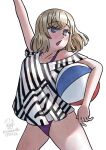  1girl alternate_costume arm_up ball beachball blonde_hair blue_eyes chestnut_mouth commentary cowboy_shot dated english_commentary gloire_(kancolle) highres kantai_collection one-piece_swimsuit purple_one-piece_swimsuit ron_(pixiv83091338) shirt short_hair signature simple_background solo striped_clothes striped_shirt swimsuit swimsuit_under_clothes twitter_username white_background 