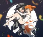  1boy 1girl aihara-rina ash_ketchum bare_legs bare_shoulders black_hat black_jacket black_pants black_shoes blue_eyes blush breasts brown_eyes carrying commentary confetti cosplay dated elbow_gloves full_body gloves goldeen goldeen_(cosplay) hair_between_eyes hat high_side_ponytail highres jacket legs leotard looking_at_another misty_(pokemon) open_mouth orange_hair pants pokemon pokemon_(anime) pokemon_(classic_anime) princess_carry shoes short_hair showgirl_skirt side_ponytail signature small_breasts sweatdrop thighs untranslatable_commentary white_gloves white_leotard white_shoes 
