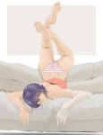  1girl absurdres artist_name ass bandaged_arm bandages barefoot border brown_background brown_eyes closed_mouth commentary couch dimples_of_venus english_commentary feet feet_up foot_focus foreshortening hair_between_eyes highres kanbaru_suruga looking_at_viewer metarama monogatari_(series) no_pants on_couch outside_border panties pink_panties pink_tube_top presenting_foot purple_hair short_hair signature single_bare_shoulder smile soles solo spine strapless striped_clothes striped_panties thick_eyebrows toes tomboy tube_top twitter_username two-tone_panties underwear upside-down very_short_hair white_border white_panties 
