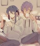  2boys black_pants blush closed_eyes closed_mouth commentary_request cup drawstring ensemble_stars! grey_hoodie hair_between_eyes holding holding_cup hood hood_down hoodie kanzaki_souma long_hair looking_at_another male_focus mug multiple_boys otogari_adonis pants ponytail purple_hair sitting steam sumomoi_(dvcat) yellow_eyes 