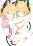  2girls absurdres animal_ear_headphones animal_ears bare_legs blonde_hair blue_archive blush breasts cat_ear_headphones cat_ears cat_tail commentary_request fake_animal_ears fake_tail flat_chest green_eyes green_ribbon halo headphones highres hug iron_iron leg_lock looking_at_viewer midori_(blue_archive) momoi_(blue_archive) multiple_girls navel pink_eyes pink_ribbon ribbon short_hair shorts shy small_breasts swimsuit tail tail_around_another's_leg tail_wrap 