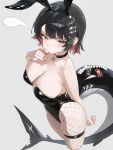  1girl absurdres animal_ears arm_behind_back asymmetrical_legwear black_choker black_hair black_leotard blush breasts choker cleavage colored_inner_hair commentary crossed_bangs ellen_joe fake_animal_ears fins fish_tail fishnet_pantyhose fishnets from_side grey_background hair_ornament hairclip hand_on_own_chin hectorrambito highleg highleg_leotard highres leotard looking_at_viewer medium_breasts mismatched_legwear mixed-language_commentary mole mole_on_arm multicolored_hair pantyhose rabbit_ears red_eyes red_hair red_nails shark_girl shark_tail simple_background skindentation solo sparkle spoken_blush standing sticker strapless strapless_leotard tail thigh_strap x_hair_ornament zenless_zone_zero 
