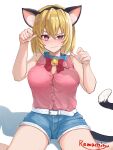  1girl animal_ear_hairband animal_ears artist_name bell belt blonde_hair blue_collar blue_shorts bow bowtie breasts buttons cleavage closed_mouth collar commentary_request commission fake_animal_ears hairband highres higurashi_no_naku_koro_ni houjou_satoko purple_eyes ramachiru red_bow red_bowtie shadow short_hair shorts skeb_commission solo tail white_belt 