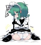  1boy alice_grimm alternate_costume antennae ass back_bow black_socks blush bow bulge closed_mouth commentary crossdressing crossdressing_(mtf) dress embarrassed enmaided frilled_dress frills from_behind genderswap genderswap_(ftm) green_eyes green_hair identical_genderswap looking_at_viewer looking_back maid maid_headdress male_focus male_maid medium_hair panties sitting socks solo touhou trap underwear white_bow white_panties wriggle_nightbug 