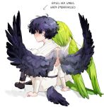  2girls absurdres agott_arklaum_(tongari_boushi_no_atelier) arm_support arrow_(symbol) back_cutout bird_girl bird_wings black_feathers black_hair black_pants blush clothing_cutout coco_(tongari_boushi_no_atelier) commentary dress english_commentary english_text feathers green_feathers highres leaning_on_person monsterification multiple_girls pants short_hair sitting tongari_boushi_no_atelier welfshr white_background white_dress wings 