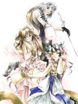  3girls animal_ears arm_across_chest black_gloves blue_dress blue_eyes brown_eyes brown_hair cat_girl commentary commission dress english_commentary feathered_wings frilled_dress frills furry furry_female gloves grey_hair hands_up horns lantern light_smile long_hair looking_at_viewer lop_rabbit_ears multiple_girls neck_fur one_eye_closed open_mouth opencanvas_(medium) orb original paper_lantern pink_dress pink_wings rabbit_ears round_eyewear shirotsuki smile snake_girl standing wavy_hair white_background wings 