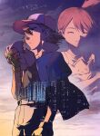  1boy 1girl aihara-rina ash_ketchum baseball_cap belt black_hair black_shirt blue_jacket building cityscape closed_eyes closed_mouth cloud cloudy_sky commentary_request cowboy_shot dated fingerless_gloves from_side gloves green_gloves hair_between_eyes hat high_side_ponytail highres holding jacket looking_afar misty_(pokemon) open_clothes open_jacket orange_hair outdoors pants pokemon pokemon_(anime) pokemon_(classic_anime) pokemon_(creature) red_hat shirt short_hair short_sleeves side_ponytail signature sky smile sunset tank_top togepi upper_body yellow_tank_top 