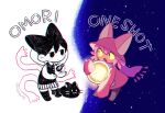  1boy 1other animal animal_ears bare_arms bare_shoulders barefoot black_cat black_eyes black_hair black_socks black_tank_top brown_hat brown_tunic cat cat_boy cat_ears chibi chibi_only chromatic_aberration closed_mouth colored_sclera copyright_name crossover double-parted_bangs empty_eyes english_text extra_arms extra_ears eye_contact fang full_body hair_behind_ear hair_between_eyes hat kemonomimi_mode light_bulb long_sleeves looking_at_another mewo mitsubachi_koucha niko_(oneshot) no_pupils no_shoes omori omori_(omori) oneshot_(game) open_mouth purple_hair purple_scarf scarf short_hair shorts sleeves_past_fingers sleeves_past_wrists socks striped_clothes striped_shorts tank_top tunic twitter_username vertical-striped_clothes vertical-striped_shorts yellow_sclera 