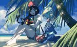  bag bangs bare_legs barefoot beach beanie bird blue_eyes blue_sky blunt_bangs cat closed_eyes cloud cloudy_sky collarbone creature day floral_print gen_7_pokemon green_shorts handbag hat highres litten looking_to_the_side mizuki_(pokemon) ocean open_mouth outdoors owl palm_tree pippi_(pixiv_1922055) pokemon pokemon_(creature) pokemon_(game) pokemon_sm popplio red_hat round_teeth rowlet shirt short_hair shorts sitting sky smile teeth tree water yellow_sclera yellow_shirt 