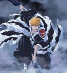  1boy absurdres armor black_hakama bleach bleach:_sennen_kessen-hen commentary dual_wielding fog hakama highres holding holding_sword holding_weapon japanese_clothes kurosaki_ichigo male_focus on_one_knee open_mouth orange_hair pauldrons sandals shihakusho shoulder_armor socks solo sonzhondaya sword true_zangetsu_(shikai) weapon white_socks 
