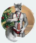  anthro bulge canine christmas christmas_tree clothing dognextdoor erection fangs holidays inside jewelry knot looking_at_viewer male mammal mostly_nude muscular necklace one_eye_closed penis smile solo standing teeth tree underwear wolf 