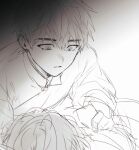  2boys aged_down brown_eyes brown_hair choi_jongsu collared_shirt couple garbage_time greyscale highres ki_sangho looking_at_another looking_down male_focus mole mole_under_eye monochrome multiple_boys open_collar shirt short_hair simple_background sketch ununtied white_background yaoi 