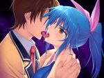  1boy 1girl blue_hair blush brown_eyes brown_hair competition_swimsuit faceless faceless_male french_kiss fuuki_iinchou_seira game_asset hair_ribbon hetero ishigaki_takashi kiss necktie non-web_source official_art one-piece_swimsuit open_mouth ponytail ribbon sakakibara_saori saliva school_swimsuit school_uniform self-datamine swimsuit tongue tongue_out variant_set visual_novel_cg yellow_eyes 