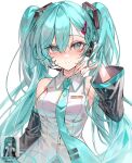  1girl absurdres aqua_eyes aqua_hair aqua_nails aqua_necktie art_study artist_name bare_shoulders black_sleeves breasts closed_mouth collared_shirt commentary_request dated detached_sleeves grey_shirt hatsune_miku headset highres korean_commentary long_hair looking_at_viewer medium_breasts necktie reference_inset shirt simple_background sleeveless sleeveless_shirt smile solo sshumolly twintails upper_body vocaloid white_background 