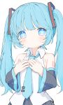  1girl absurdres blue_eyes blue_hair blue_necktie collared_shirt commentary_request detached_sleeves hatsune_miku highres kou_koufu long_hair long_sleeves looking_at_viewer necktie shirt simple_background sleeveless sleeveless_shirt solo twintails upper_body vocaloid white_shirt 