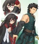  1boy 1girl belt belt_buckle black-framed_eyewear black_hair black_jacket blush brown_belt buckle closed_eyes commentary_request commission diarmuid_ua_duibhne_(fate) diarmuid_ua_duibhne_(lancer)_(fate) diarmuid_ua_duibhne_(lancer)_(third_ascension)_(fate) dual_wielding fate/grand_order fate/zero fate_(series) flower gae_buidhe_(fate) gae_dearg_(fate) glasses hair_between_eyes hair_flower hair_ornament holding holding_polearm holding_weapon jacket jewelry long_hair mole mole_under_eye muscular muscular_male necklace original polearm red_eyes red_flower red_rose red_scarf rose scarf shoori_(migiha) spear weapon yellow_eyes 