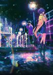 1boy 1girl akari_(sekai_no_owari_to_hajimari_no_fukanzena_shogu) akiakane ben-day_dots black_boots black_hair black_pants blue_dress blue_light boots city coat colorful commentary_request cover cover_page dress fountain glasses glowing hanamura_tono lamppost neon_palette night official_art open_clothes open_coat outdoors pants pink_light playground purple_hair purple_light purple_sweater reflection saturated scenery screentones sekai_no_owari_to_hajimari_no_fukanzena_shogu shoelaces shoes short_hair sneakers standing sweater walking water wet_ground yellow_coat yellow_shoes 