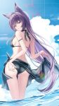  1girl absurdres adjusting_clothes adjusting_swimsuit animal_ear_fluff animal_ears ass bikini black_bikini black_sarong blue_archive blue_sky breasts clothes_lift cloud day dice_gt fox_ears fox_girl from_behind hair_between_eyes halo highres long_hair looking_at_viewer looking_back medium_breasts ok_sign outdoors parted_lips purple_hair red_eyes red_halo sarong sarong_lift sky solo swimsuit very_long_hair wading water yukino_(blue_archive) 