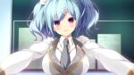  1girl blue_hair bow breasts bulletin_board e_school_life frilled_skirt frills game_asset grey_jacket grey_necktie hair_bow hair_ornament hairclip highres indoors jacket lapels long_sleeves looking_at_viewer multicolored_jacket necktie non-web_source official_art outstretched_arms pink_eyes plaid_clothes rinks school_uniform short_hair skirt sleeve_cuffs standing suzuyama_misato twintails two-tone_jacket white_bow white_jacket x_hair_ornament 