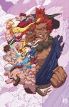  2girls 6+boys acecore2k akuma_(street_fighter) beard blonde_hair blue_hat braid brown_eyes brown_hair bun_cover cammy_white charlie_nash chest_hair chun-li clenched_hand commentary dark-skinned_male dark_skin dhalsim double_bun dougi english_commentary facial_hair fingerless_gloves glasses gloves green_eyes hadouken hair_bun hat headband highres karate_gi ken_masters long_hair m._bison marvel_vs._capcom mohawk multiple_boys multiple_girls muscular muscular_male open_mouth red_eyes red_gloves red_hair red_hat ryu_(street_fighter) short_hair sleeveless street_fighter street_fighter_zero_(series) twin_braids white_headband x-men_vs._street_fighter zangief 