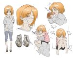  1girl aged_down bandage_over_one_eye bandaid bandaid_on_cheek bandaid_on_face bandaid_on_knee bandaid_on_leg bkg0303 bleach bread child commentary_request dirty dirty_clothes dirty_footwear eating empty_eyes food grin highres holding holding_food holding_pillow hugging_own_legs inoue_orihime korean_commentary one_eye_closed orange_eyes orange_hair pillow short_hair smile 